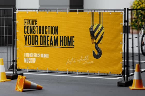 Construction site banner with reinforced edges and eyelets